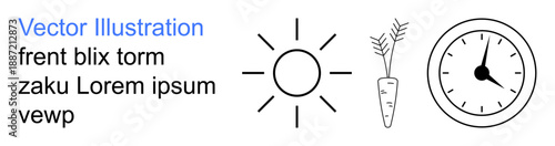Sustainability, food concepts, time management, agriculture, eco-friendly design, planning essentials. Simple line-style icons of a sun, a carrot and a clock. Sustainability and food concepts visual