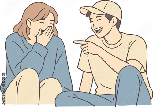 Friends sharing light humor together, two people sitting close and smiling with relaxed posture and playful expressions in an