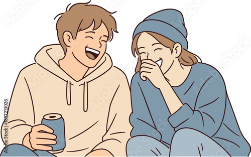 Friends smiling in a funny situation together, two people standing or sitting close with relaxed posture and amused expressions