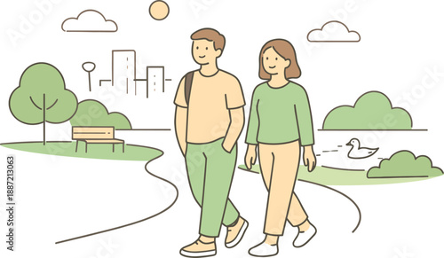People walking through a city park together, two individuals strolling along a path with relaxed posture and calm expressions in