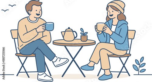 Friends enjoying outdoor coffee together, two people sitting at a small table holding cups with relaxed posture and cheerful