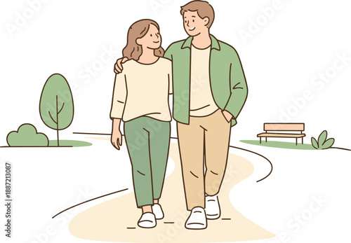 Couple walking along a park path together, two partners strolling side by side with relaxed posture and calm smiles in a peaceful