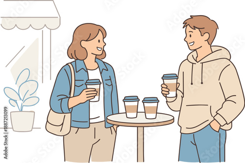 Friends meeting outside a cafe, two people standing near a small table with takeaway cups and relaxed smiles during a casual