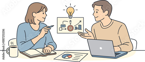 Colleagues planning company strategy together, two professionals sitting at a table and discussing ideas with calm focus and