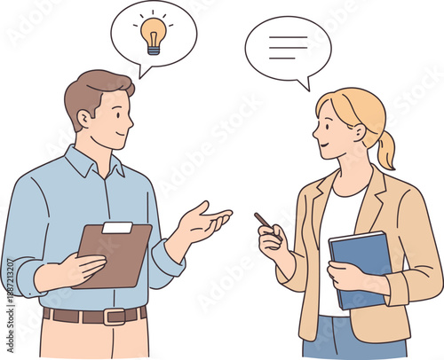 Man and woman in a business discussion, two professionals standing side by side and calmly exchanging ideas with relaxed posture