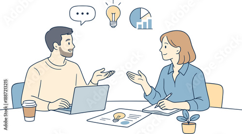 Team meeting in an office workspace, two professionals sitting at a table and discussing ideas with relaxed posture and focused