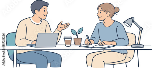 People collaborating in a modern office, two professionals sitting at a shared desk and discussing ideas with relaxed posture and