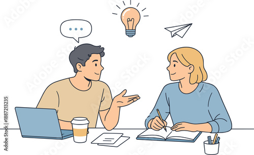 Startup team brainstorming ideas together, two young professionals sitting at a table and exchanging thoughts with relaxed