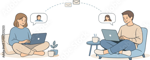 Team working remote together, two professionals sitting separately with laptops and relaxed posture while connecting online in a