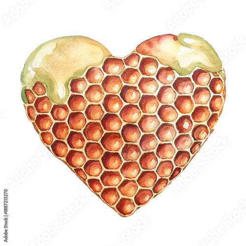Heart-shaped honeycomb decoration with a watercolor effect. Honeycomb ideal for Valentine's Day, bakery advertising, or romantic themes.