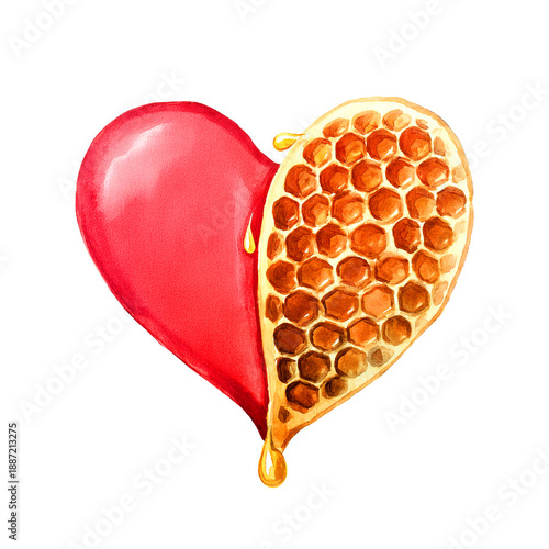 Heart-shaped honeycomb decoration with a watercolor effect. Half red heart, other half honeycomb. Ideal for Valentine's Day, bakery advertising, or romantic themes.