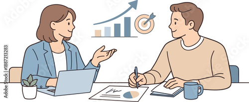 Business planning future growth together, two professionals sitting at a table and calmly discussing next steps with focused