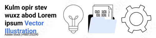 Lightbulb next to file folder containing binary data and a gear system. Ideal for innovation, technology, teamwork, data management, software development, creativity, simple landing page