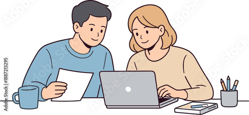 Team reviewing work progress together, two professionals sitting at a desk and calmly checking results with relaxed posture and