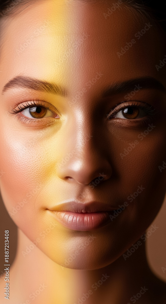 Fototapeta premium Duality of Beauty: Woman's Face in Dramatic Light and Shadow