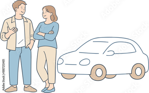 Man and woman buying a car together, couple standing beside a simple car shape and calmly discussing with relaxed posture and