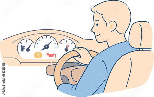 Driver checking car dashboard calmly, single person seated behind the wheel and looking at simple indicators with focused