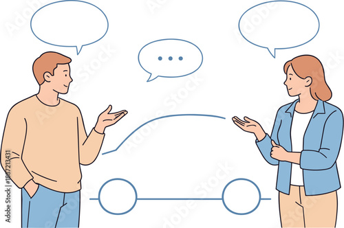 People discussing car purchase together, two individuals standing beside a simple car shape and calmly exchanging thoughts with
