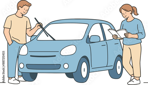 People maintaining personal vehicle together, two individuals standing beside a compact car and calmly checking simple details