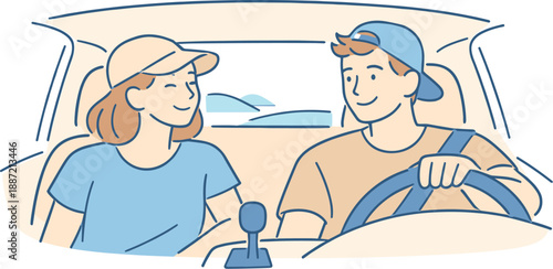 Couple enjoying a road trip together, two partners seated inside a compact car with relaxed posture and happy expressions