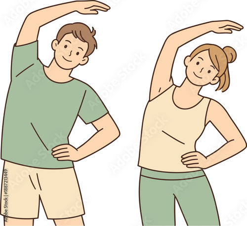 Man and woman morning workout together, couple stretching side by side with relaxed posture and calm focused expressions starting