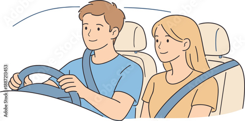 Man and woman test driving a car together, couple seated inside a compact vehicle with relaxed posture and focused expressions