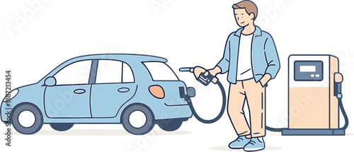 Driver refueling car at a station, single person standing beside a compact car and calmly holding a fuel nozzle with relaxed