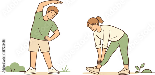 People exercising outdoors together, two individuals stretching side by side in fresh air with relaxed posture and focused