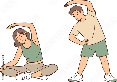 People stretching before exercise together, two individuals warming up side by side with relaxed posture and focused expressions