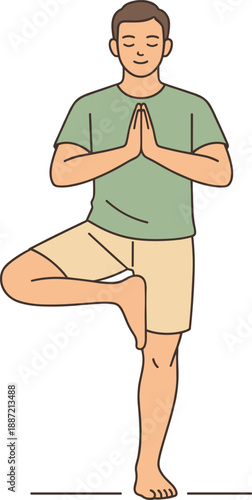 Man practicing daily yoga, single person standing in a simple yoga pose with relaxed posture and calm focused expression in a