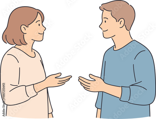 People connecting through conversation, two individuals standing close and talking calmly with relaxed posture and attentive