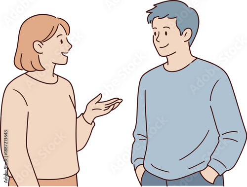 People discussing daily topics together, two individuals standing close and chatting calmly with relaxed posture and neutral