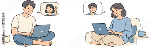 Friends video calling remotely, two people sitting apart with laptops and smiling at screens with relaxed posture showing