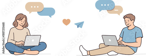 People chatting online together, two individuals sitting apart with laptops and relaxed posture, calm expressions showing