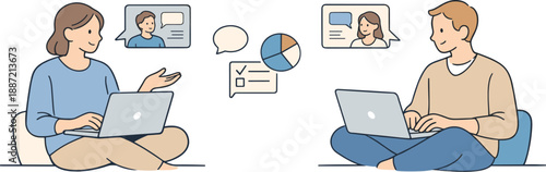 Colleagues in a virtual meeting discussion, two professionals sitting apart with laptops and relaxed posture, attentive