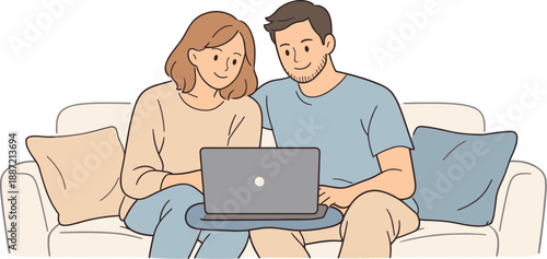 Couple video chatting at home together, two partners sitting comfortably on a sofa and smiling at a laptop screen with relaxed