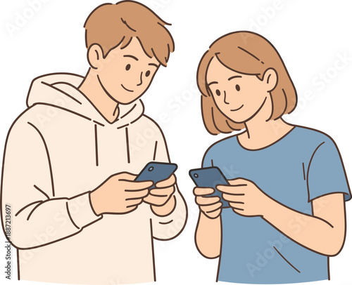 People messaging via smartphone together, two individuals standing close and typing on phones with relaxed posture and focused