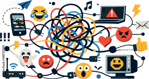 Visual metaphor of digital noise featuring tangled wires, floating emojis, and abstract connections between devices, surreal