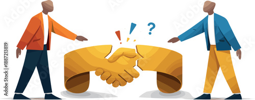 Trust building in business relationships challenged as abstract figures separate slightly around a reshaped symbolic element,