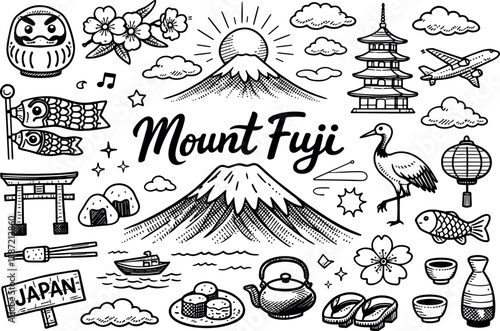 Mount Fuji Doodle Art. Mount Fuji snowcapped summit hand drawn doodle elements set, center hand-lettered title, black & white
