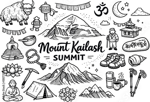 Mount Kailash summit hand drawn doodle elements set, center hand-lettered title, black & white vector line art, bold clean