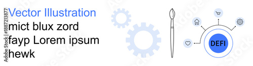 Decentralized finance, innovation, blockchain, financial systems, creativity, technology. Gears, paintbrush and icons linked to decentralized finance. Decentralized finance and innovation concept