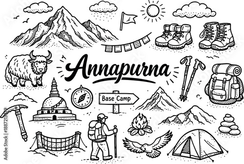 Iconic Annapurna mountain peak hand drawn doodle elements set, center hand-lettered title, black & white vector line art, bold