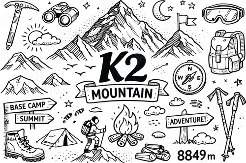 Iconic K2 mountain peak hand drawn doodle elements set, center hand-lettered title, black & white vector line art, bold clean