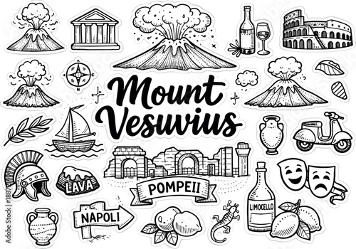 Iconic Mount Vesuvius summit hand drawn doodle elements set, center hand-lettered title, black & white vector line art, bold