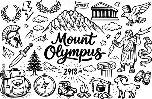 Mount Olympus Doodle. Iconic Mount Olympus summit hand drawn doodle elements set, center hand-lettered title, black & white vector