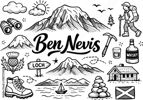Iconic Ben Nevis mountain peak hand drawn doodle elements set, center hand-lettered title, black & white vector line art, bold