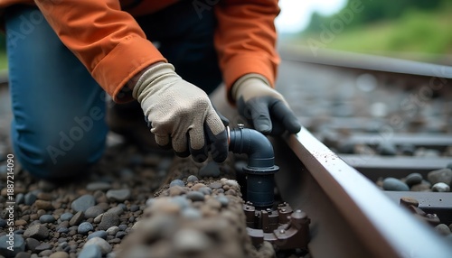 Railway Maintenance Work – Worker Inspecting Pipe Connection on Track with Precision and Safety