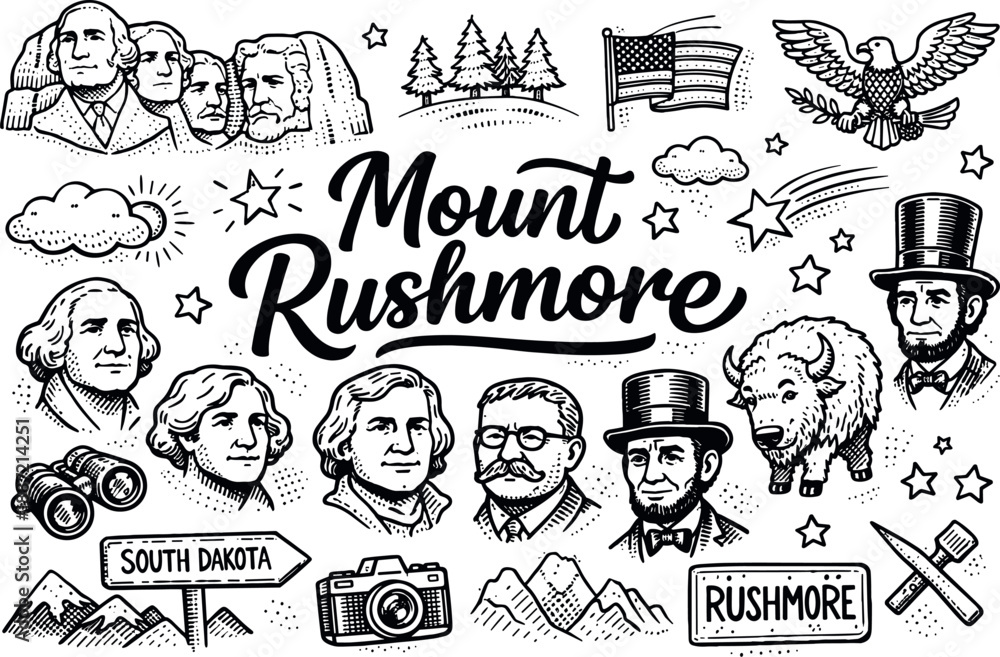 Fototapeta premium Iconic Mount Rushmore monument hand drawn doodle elements set, center hand-lettered title, black & white vector line art, bold
