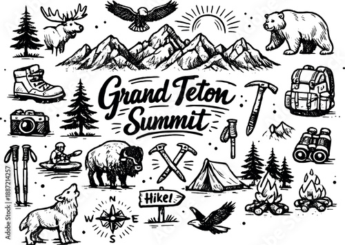 Iconic Grand Teton summit hand drawn doodle elements set, center hand-lettered title, black & white vector line art, bold clean